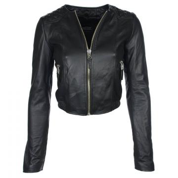 Short & Collarless Leather Jacket Womens