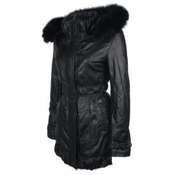 Leather Fur Hooded Coat for Ladies