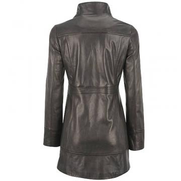 Long Black Leather Coat With Trapunto Stitched Waist