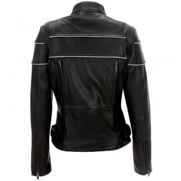 Reflective Piping Women's Leather Biker Jacket Black